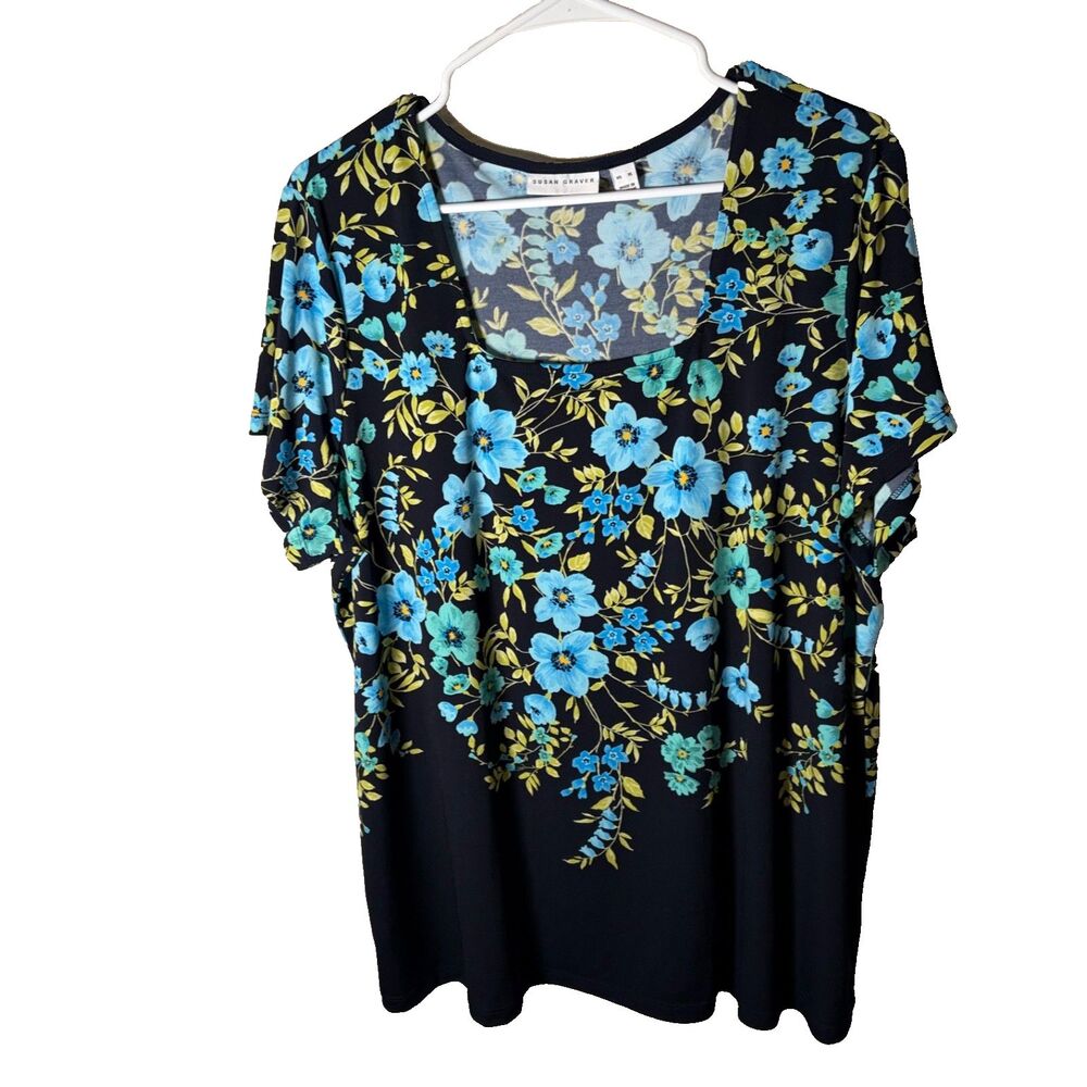 Susan Graver Blouse Women's XL Square Neck Career Printed Short Sleeve Top